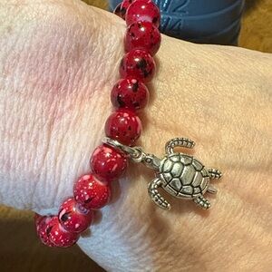 Red Beaded Bracelet with Turtle Charm